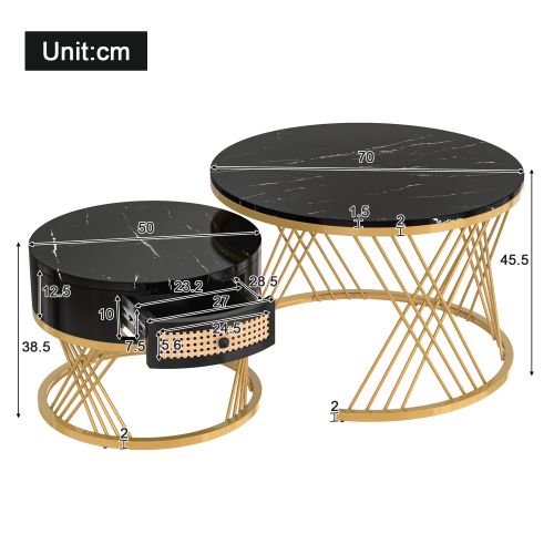 Lot De 2 Tables Basses Gigognes Rondes Noires Avec Tiroir En Rotin Synthétique, Cadre Doré