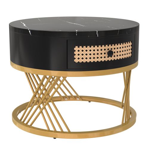 Lot De 2 Tables Basses Gigognes Rondes Noires Avec Tiroir En Rotin Synthétique, Cadre Doré