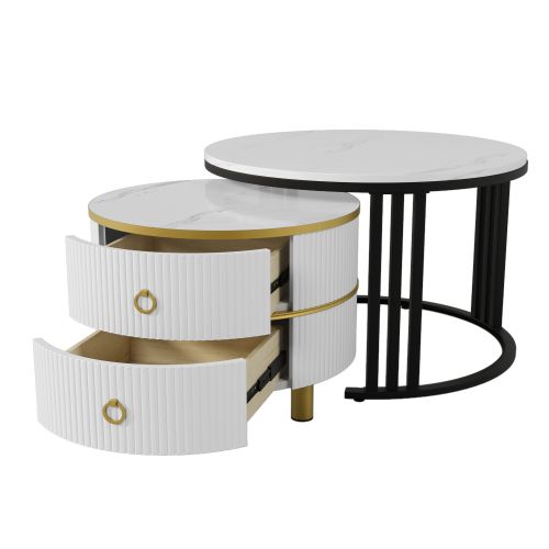 Lot de 2 Tables Basses Rondes en Faux Marbre, Tables d'appoint Gigognes Meuble de Décoration
