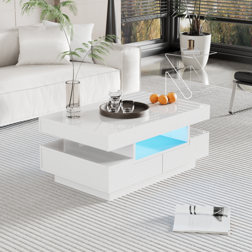 Table Basse Rectangulaire Blanche Avec Éclairage LED, Rangements Ouverts Et 4 Tiroirs