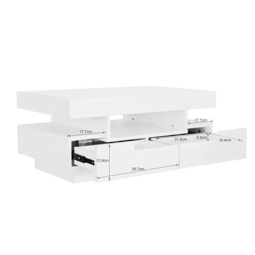 Table Basse Rectangulaire Blanche Avec Éclairage LED, Rangements Ouverts Et 4 Tiroirs