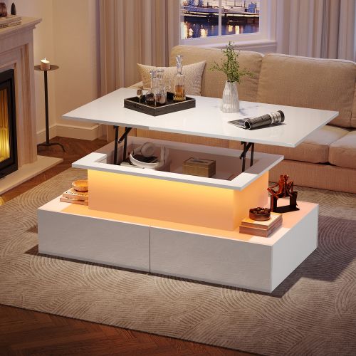 Table Basse Relevable Rectangulaire Blanche Avec Éclairage LED, 4 Tiroirs Et Espace De Rangement