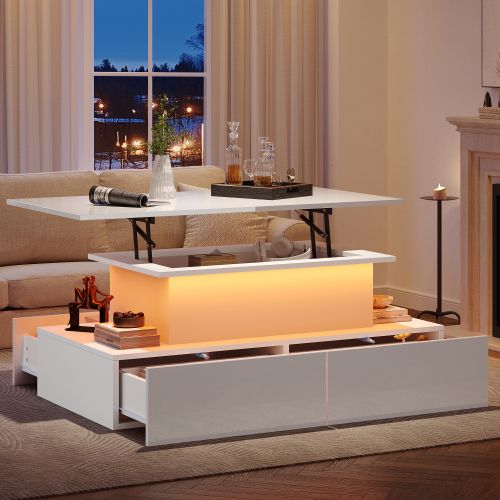 Table Basse Relevable Rectangulaire Blanche Avec Éclairage LED, 4 Tiroirs Et Espace De Rangement
