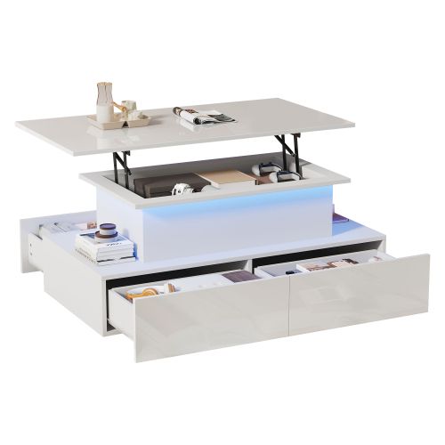 Table Basse Relevable Rectangulaire Blanche Avec Éclairage LED, 4 Tiroirs Et Espace De Rangement