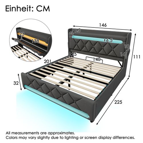 Lit Coffre 140x200cm Avec LED, Ports De Charge Et Tête De Lit Avec Rangement, Lin Gris