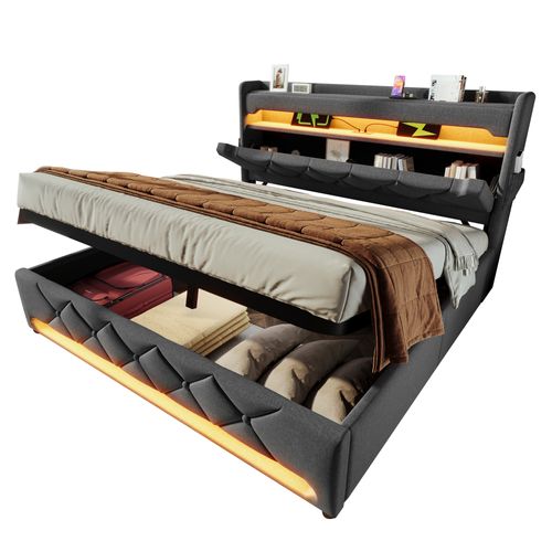 Lit Coffre 140x200cm Avec LED, Ports De Charge Et Tête De Lit Avec Rangement, Lin Gris