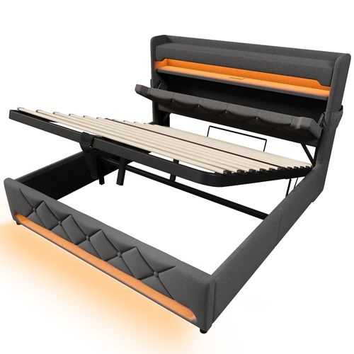 Lit Coffre 140x200cm Avec LED, Ports De Charge Et Tête De Lit Avec Rangement, Lin Gris