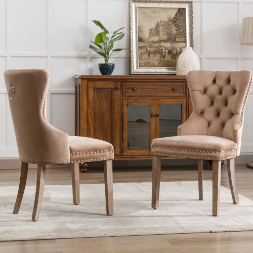 Lot De 2 Chaises En Velours Avec Dossiers Rembourrés Et Clous Décoratifs, Pieds En Bois, Marron