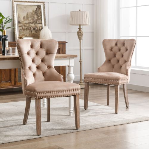 Lot De 2 Chaises En Velours Avec Dossiers Rembourrés Et Clous Décoratifs, Pieds En Bois, Marron