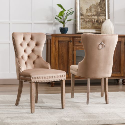 Lot De 2 Chaises En Velours Avec Dossiers Rembourrés Et Clous Décoratifs, Pieds En Bois, Marron