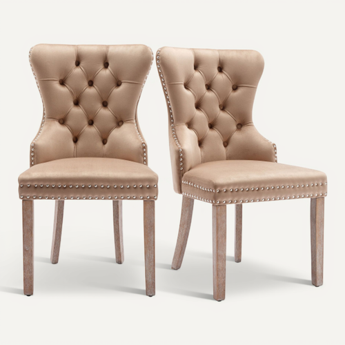 Lot De 2 Chaises En Velours Avec Dossiers Rembourrés Et Clous Décoratifs, Pieds En Bois, Marron