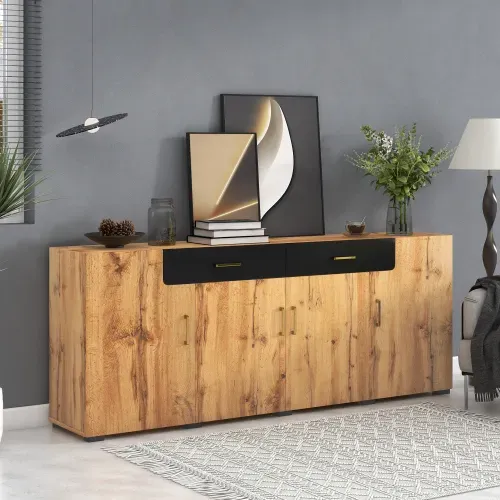 Buffet De Salon Bois Avec 4 Portes, 2 Tiroirs Noirs, Poignées En Métal Doré