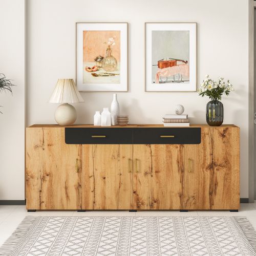 Buffet De Salon Bois Avec 4 Portes, 2 Tiroirs Noirs, Poignées En Métal Doré