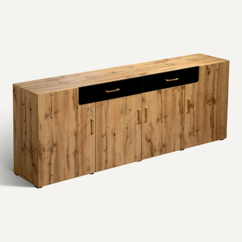 Buffet De Salon Bois Avec 4 Portes, 2 Tiroirs Noirs, Poignées En Métal Doré