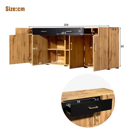 Buffet De Salon Bois Avec 4 Portes, 2 Tiroirs Noirs, Poignées En Métal Doré