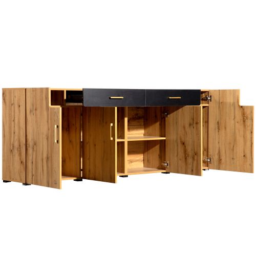 Buffet De Salon Bois Avec 4 Portes, 2 Tiroirs Noirs, Poignées En Métal Doré