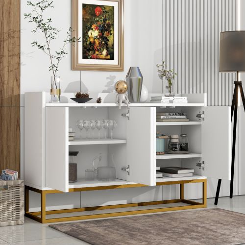Buffet De Salon Blanc Avec 4 Portes Sans Poignée, Piètement En Métal Doré, Plateau Avec Balustrade