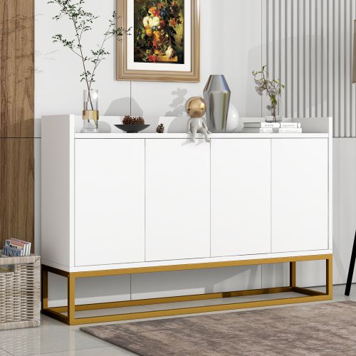 Buffet De Salon Blanc Avec 4 Portes Sans Poignée, Piètement En Métal Doré, Plateau Avec Balustrade