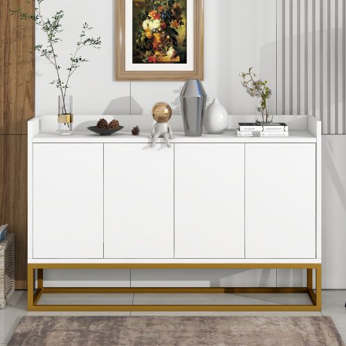 Buffet De Salon Blanc Avec 4 Portes Sans Poignée, Piètement En Métal Doré, Plateau Avec Balustrade
