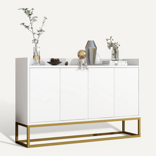 Buffet De Salon Blanc Avec 4 Portes Sans Poignée, Piètement En Métal Doré, Plateau Avec Balustrade