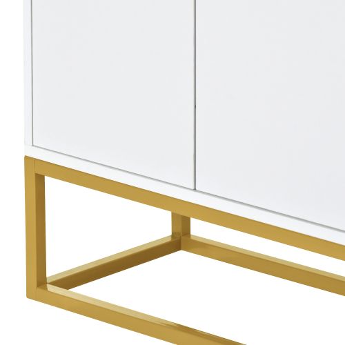 Buffet De Salon Blanc Avec 4 Portes Sans Poignée, Piètement En Métal Doré, Plateau Avec Balustrade