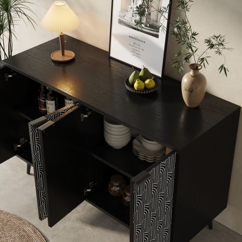 Buffet De Cuisine Noir Avec 4 Portes Sculptées à Chevrons, Anti-basculement