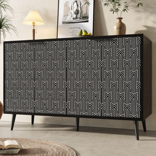 Buffet De Cuisine Noir Avec 4 Portes Sculptées à Chevrons, Anti-basculement