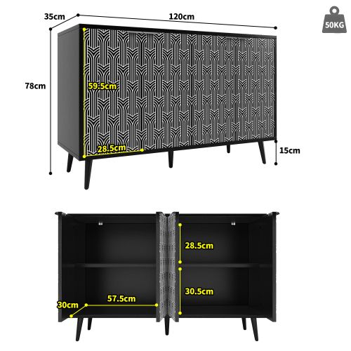 Buffet De Cuisine Noir Avec 4 Portes Sculptées à Chevrons, Anti-basculement