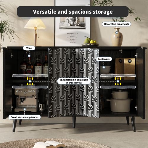 Buffet De Cuisine Noir Avec 4 Portes Sculptées à Chevrons, Anti-basculement