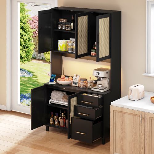 Buffet De Cuisine Noir Avec LED, 2 USB, 2 Prises, 5 Portes En Rotin, 3 Tiroirs, Poignées En Métal