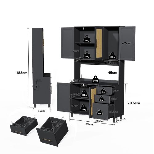 Buffet De Cuisine Noir Avec LED, 2 USB, 2 Prises, 5 Portes En Rotin, 3 Tiroirs, Poignées En Métal