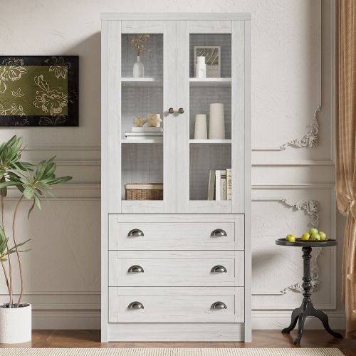 Vitrine Blanc En Aspect Bois Avec Portes Vitrées Et 3 Tiroirs, 80x34x171 Cm