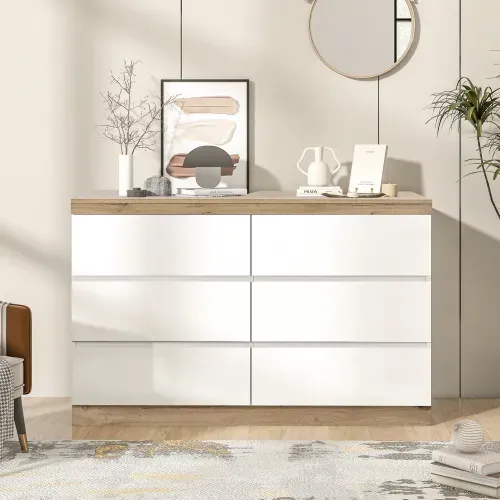 Commode à 6 Tiroirs, Blanc Et Bois, 110x40x68 Cm, Pour Chambre Et Salon