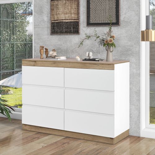 Commode à 6 Tiroirs, Blanc Et Bois, 110x40x68 Cm, Pour Chambre Et Salon
