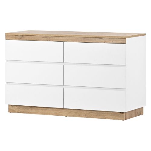 Commode à 6 Tiroirs, Blanc Et Bois, 110x40x68 Cm, Pour Chambre Et Salon