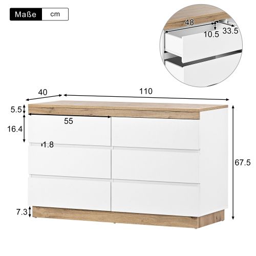 Commode à 6 Tiroirs, Blanc Et Bois, 110x40x68 Cm, Pour Chambre Et Salon