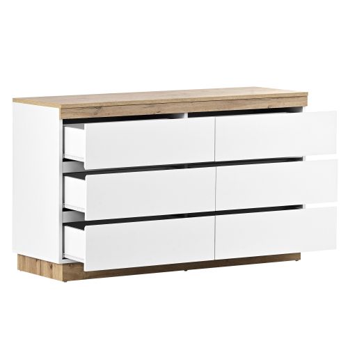 Commode à 6 Tiroirs, Blanc Et Bois, 110x40x68 Cm, Pour Chambre Et Salon