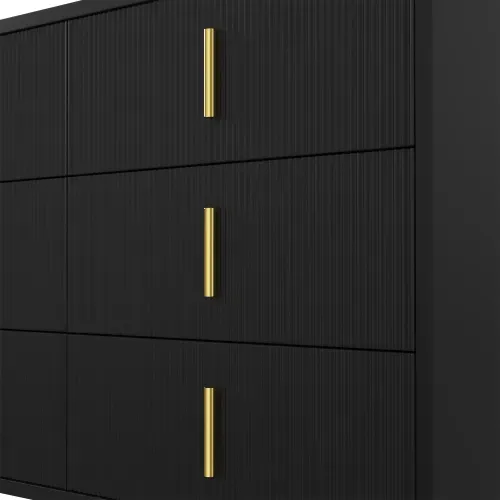 Commode Noire à 6 Tiroirs à rayures verticales Avec Pieds Dorés