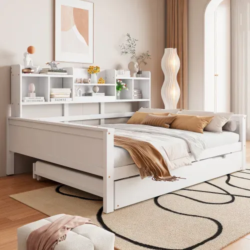 Lit Enfant 140x200 Cm En Bois Avec Lit Gigogne 90x190 Cm, Avec Sommier à Lattes, Blanc