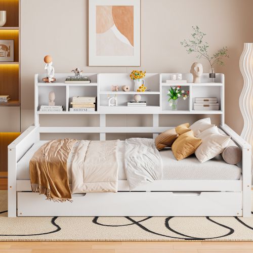 Lit Enfant 140x200 Cm En Bois Avec Lit Gigogne 90x190 Cm, Avec Sommier à Lattes, Blanc