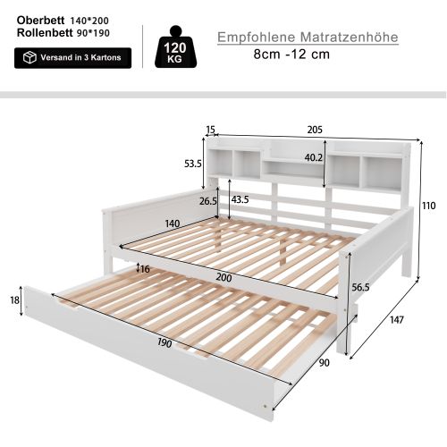 Lit Enfant 140x200 Cm En Bois Avec Lit Gigogne 90x190 Cm, Avec Sommier à Lattes, Blanc