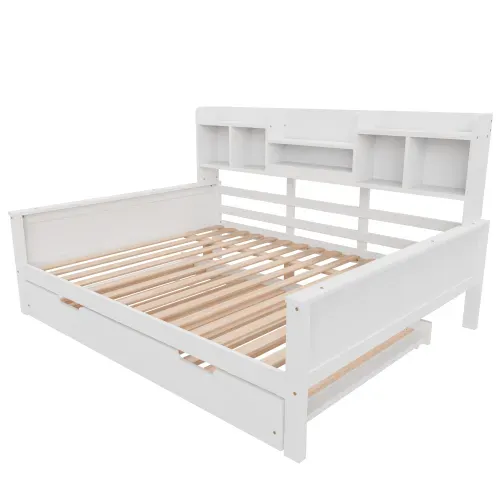 Lit Enfant 140x200 Cm En Bois Avec Lit Gigogne 90x190 Cm, Avec Sommier à Lattes, Blanc