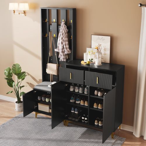 Meuble D'entrée, Vestiaire Compact Noir Avec Miroir, Crochets, Étagères Et Armoire à Chaussures - Vestiaire