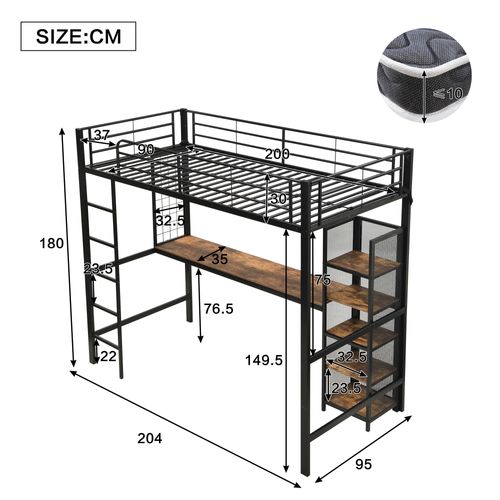 Lit Mezzanine 90x200 Cm Avec Bureau Et Étagères De Rangement, Métal Noir