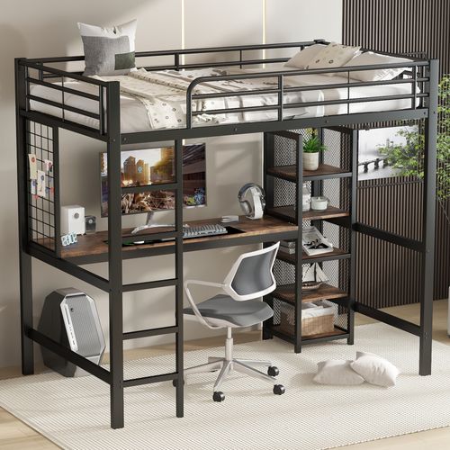 Lit Mezzanine 90x200 Cm Avec Bureau Et Étagères De Rangement, Métal Noir