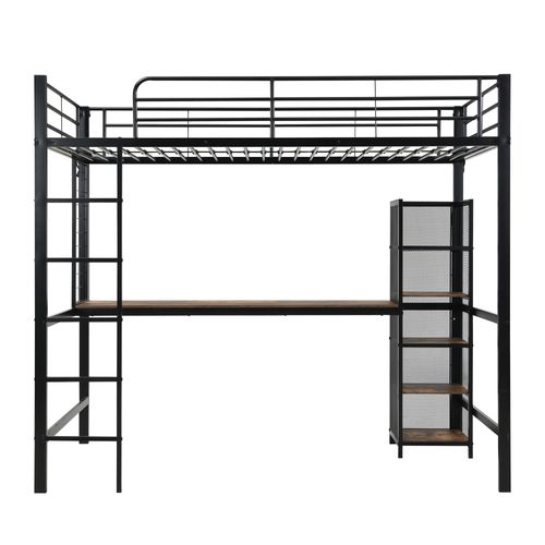Lit Mezzanine 90x200 Cm Avec Bureau Et Étagères De Rangement, Métal Noir