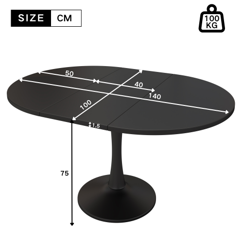 Table à Manger Extensible Ovale Noire, Base Ronde