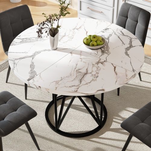 Table à Manger Ronde Blanche, Pieds De Table Géométriques En Métal Noir, En Placage De Marbre