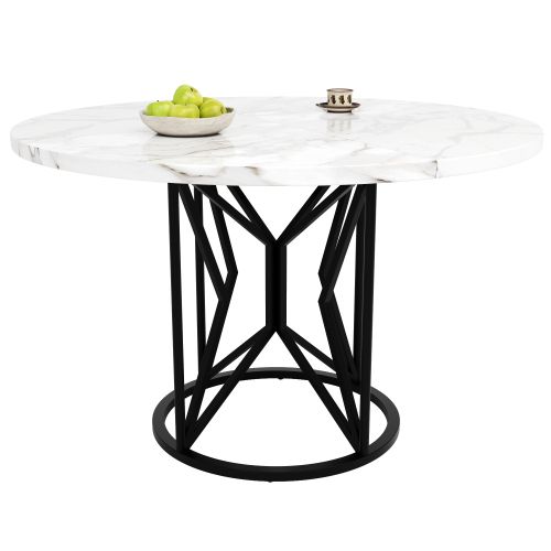 Table à Manger Ronde Blanche, Pieds De Table Géométriques En Métal Noir, En Placage De Marbre