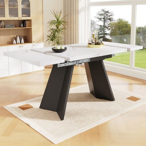 Table à Manger Extensible Rectangulaire Blanche En Mdf, En Placage De Marbre